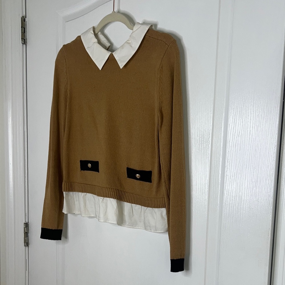 LOFT Camel Crewneck Sweater with White Attached Collar